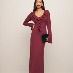 Reformation Burgundy Ruffle V-Neck Long Sleeve Jersey Maxi Dress - Medium